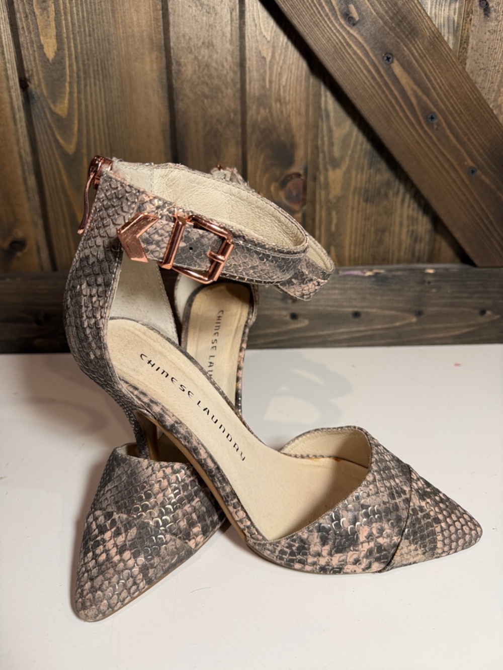 Chinese Laundry Rose-Pink Snake Print Ankle Strap Pumps
